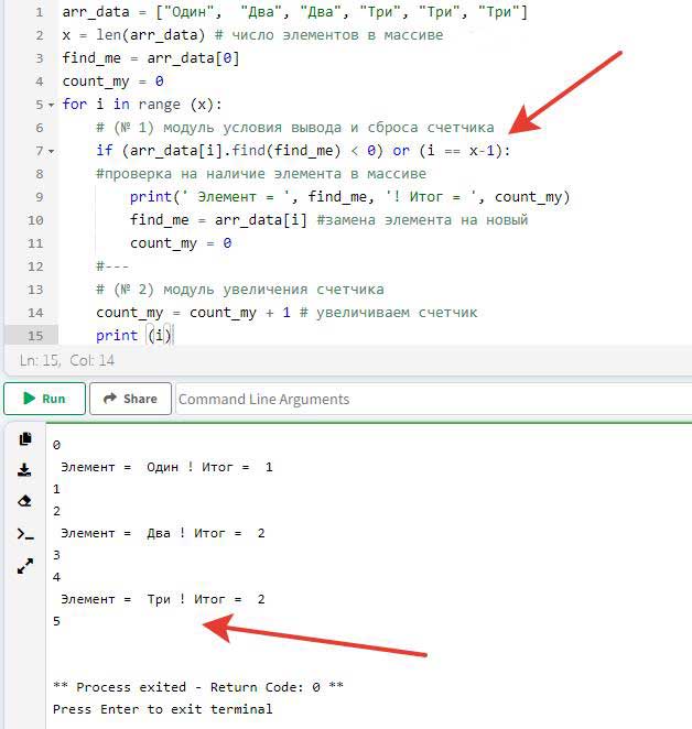 Алгоритм суммы одинаковых элементов массива (на примере Python)